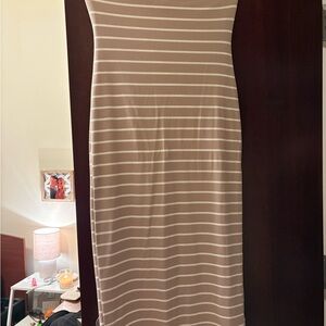 See You Monday Beige and White Striped Midi Dress